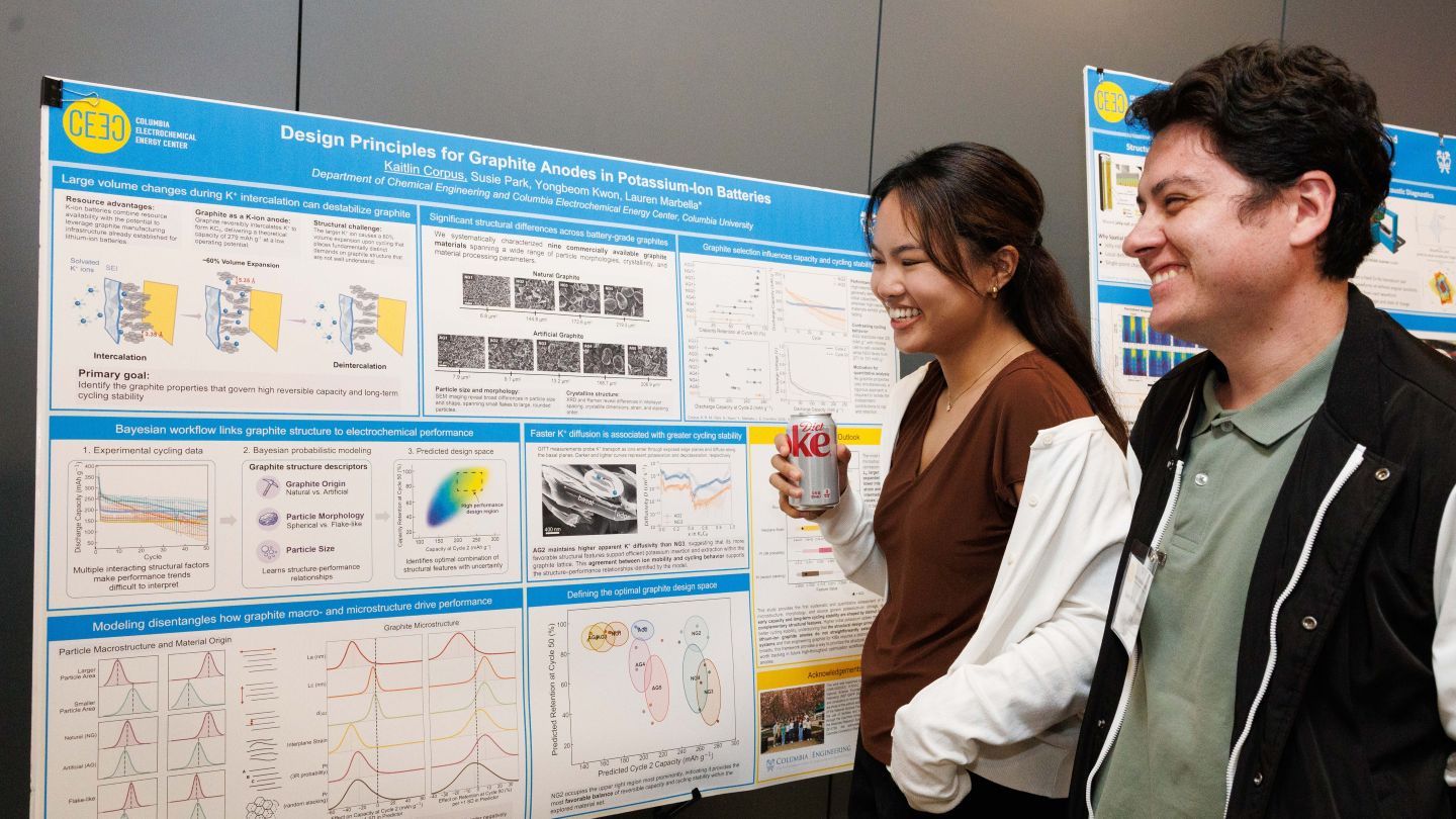 Two attendees smile while standing beside a research poster during a poster session at Columbia Engineering.