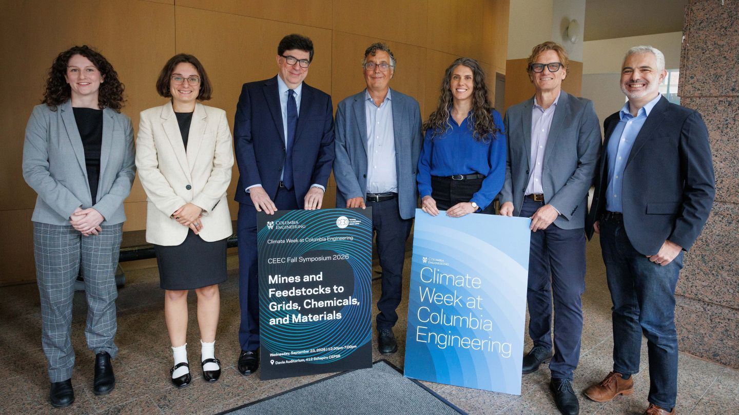 Seven symposium participants pose together with CEEC Fall Symposium and Climate Week at Columbia Engineering signs.