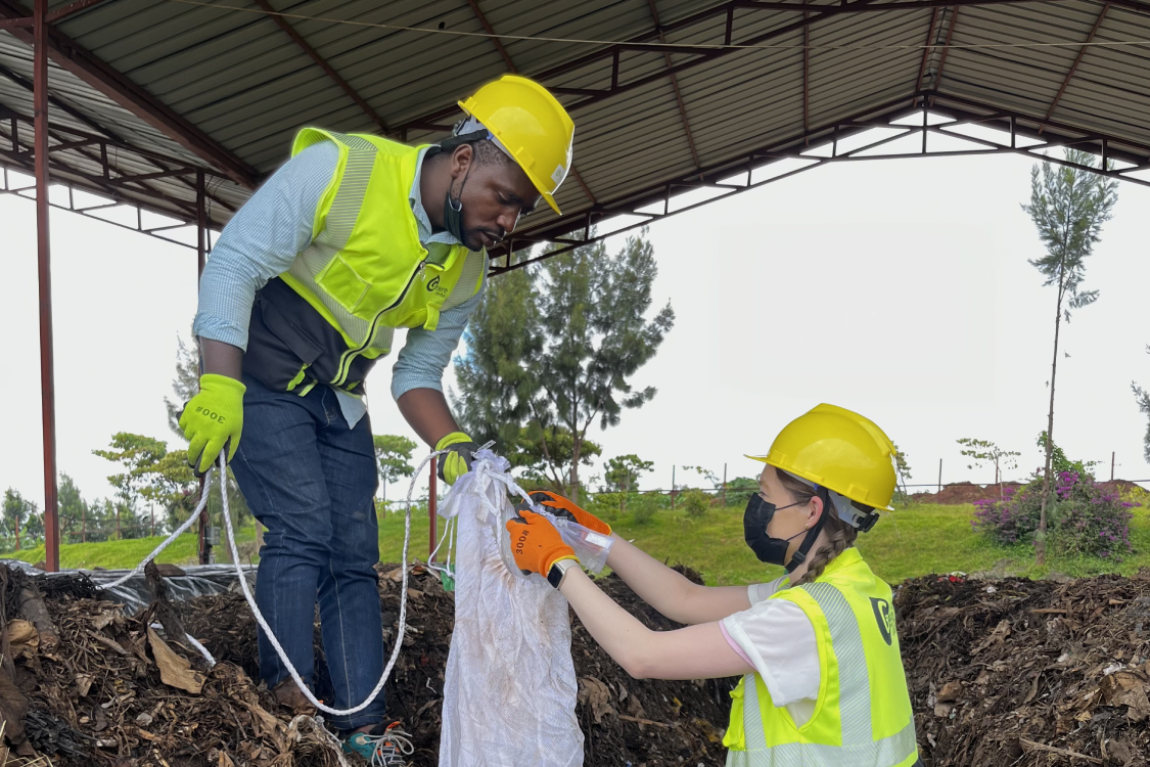 Study lead, Abigail Ayers from the Sia lab, on site in Rwanda, working on a degradation study for the bioplastic microfluidic devices in compost