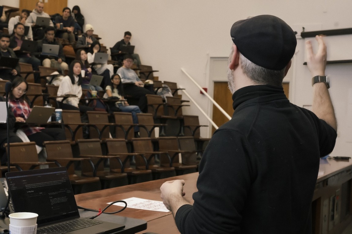 Students taking the course, Product Management with AI, taught by Mahir Yavuz, adjunct professor of industrial engineering and operations research and PDL instructor