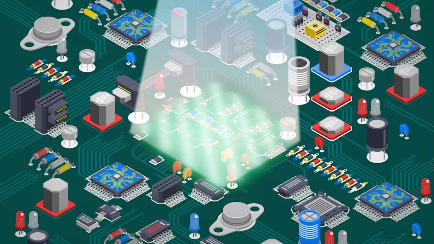 decorative image showcasing circuits with light reflected in the center