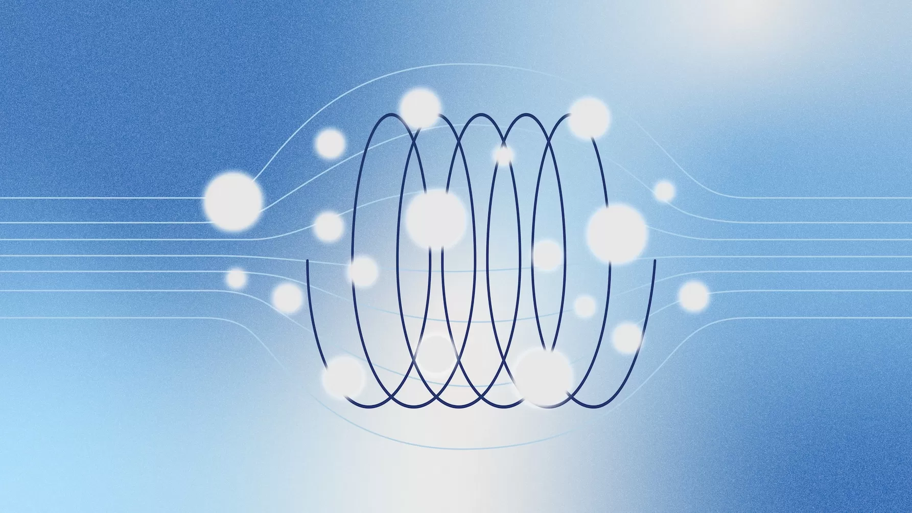 Light blue gradient with thin horizontal lines, a central dark blue coil shape, and multiple glowing white circles clustered around it.