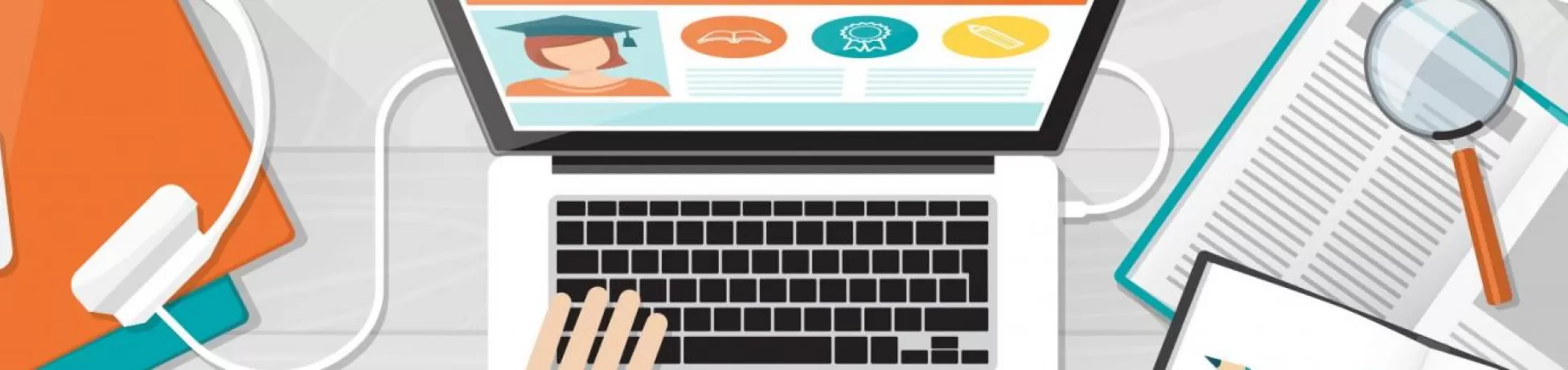 An illustration of a laptop with headphones and papers scattered around it.