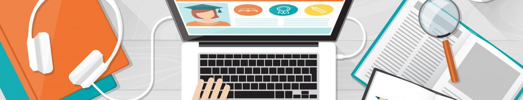 An illustration of a laptop with headphones and papers scattered around it.