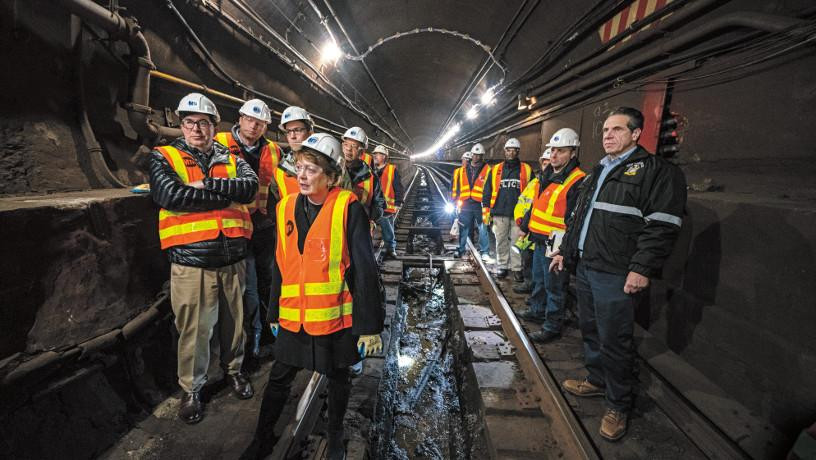 Dean Mary C. Boyce, Peter Kinget, Andrew Smyth, and George Deodatis tour the L Train tunnel with Gov. Andrew Cuomo and colleagues from Cornell Engineering and the MTA.