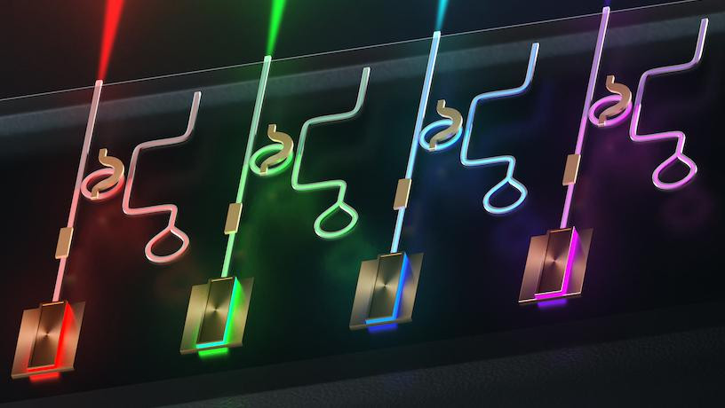 The integrated laser platform created by the Lipson Nanophotonics Group where a single chip generates narrow linewidth and tunable visible light covering all colors.