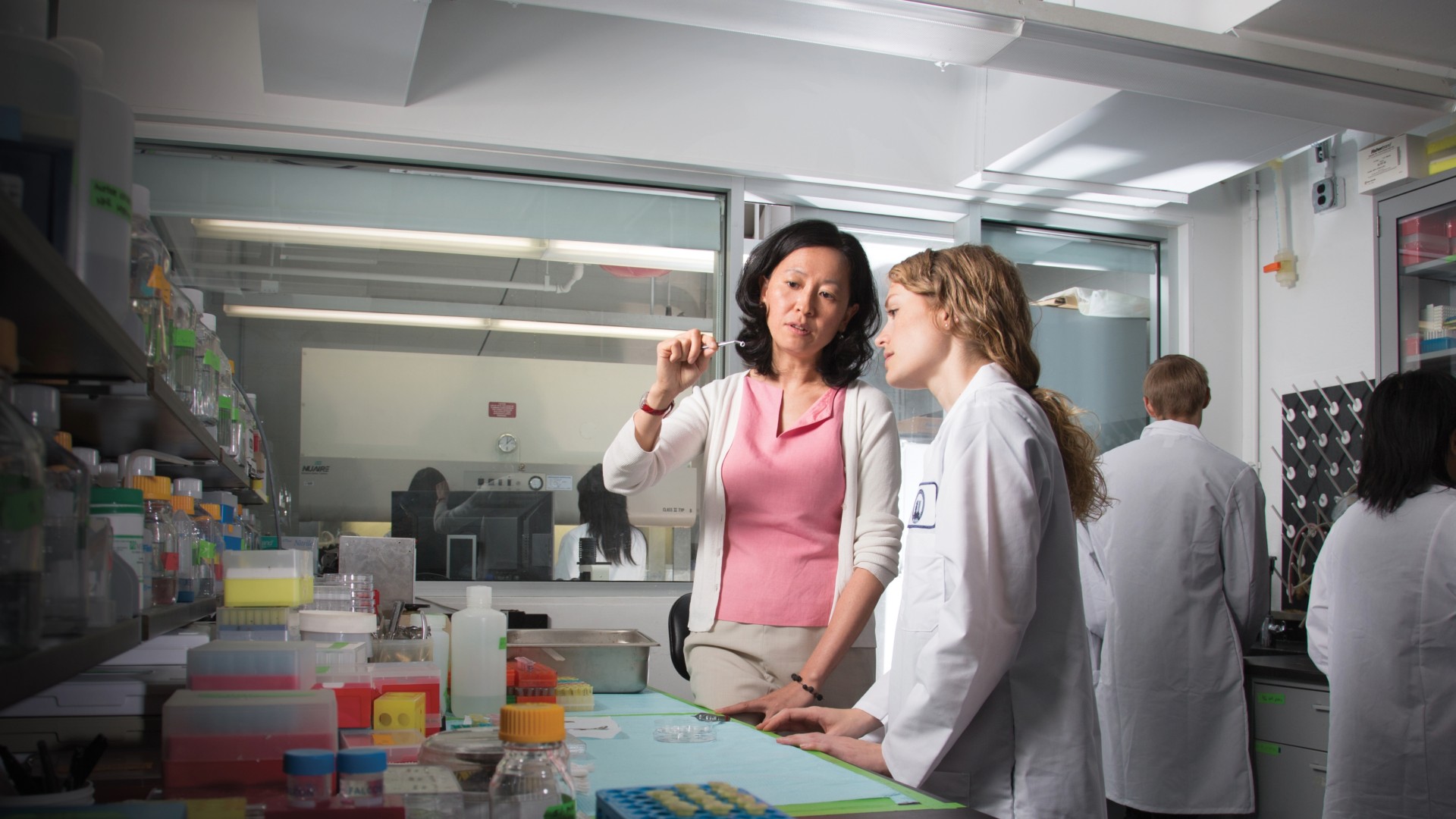 Helen Lu works with a student in the lab at Columbia Engineering