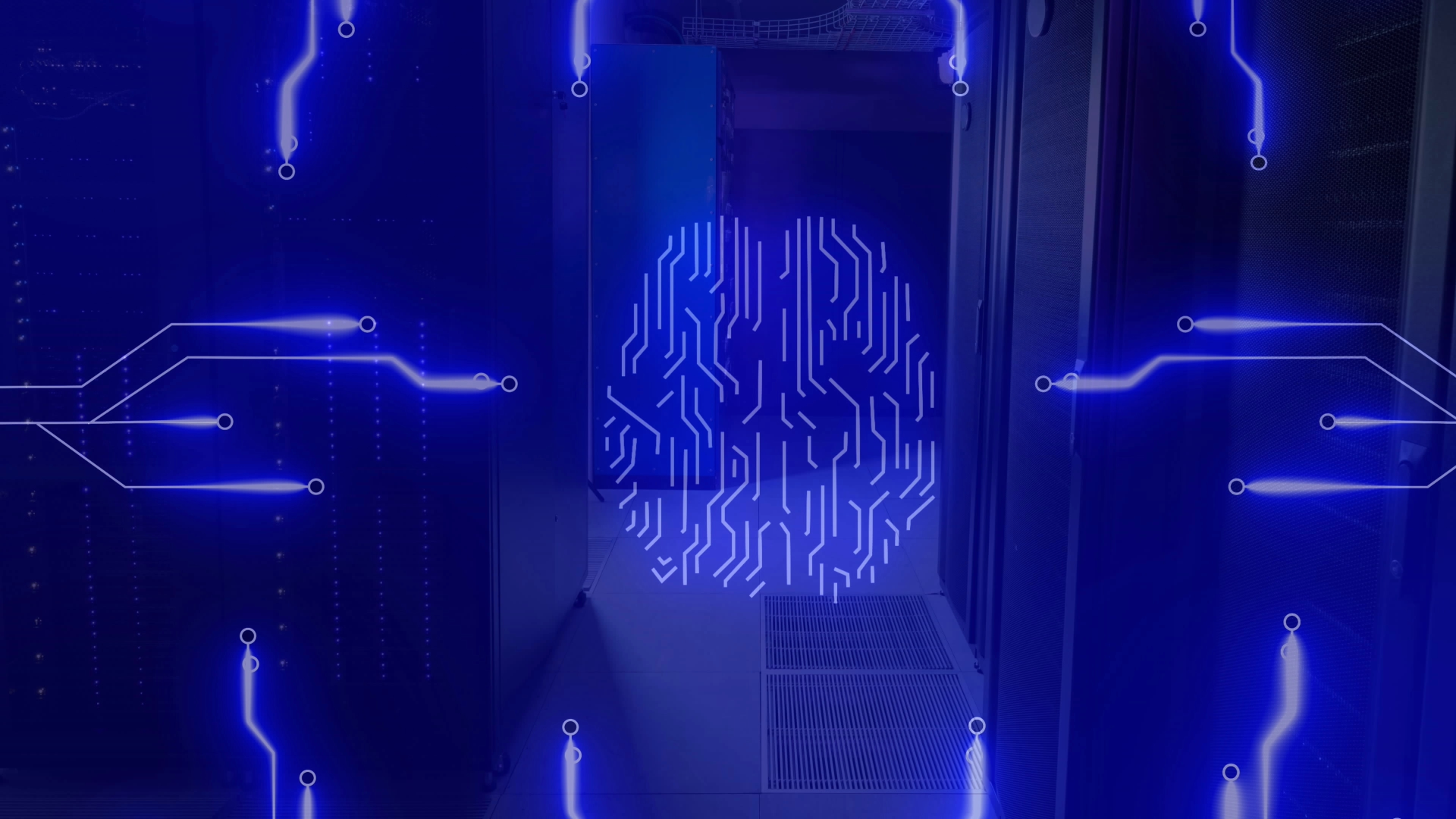 Image of circuit board pattern around brain against server room in background. Digital composite, multiple exposure, artificial intelligence, networking, technology and network server concept.