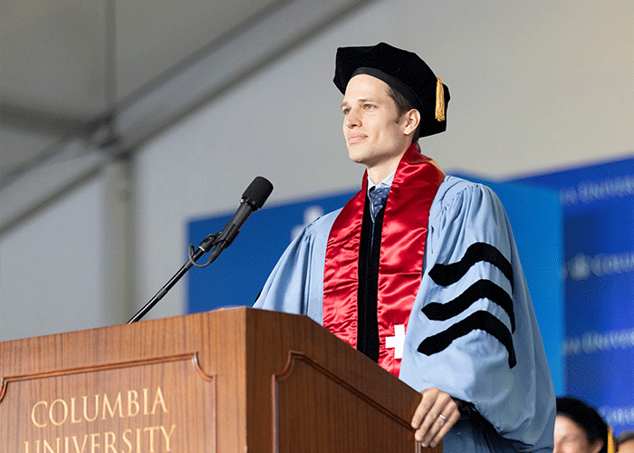 Mechanical engineering graduate student Philippe Martin Wyder speaking at graduation