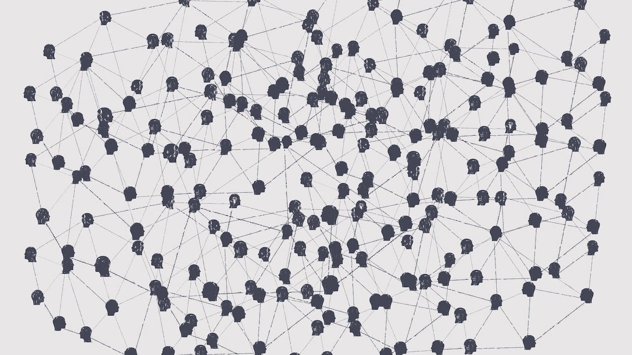 An illustration of dozens of human head sillhouettes connected by straight lines