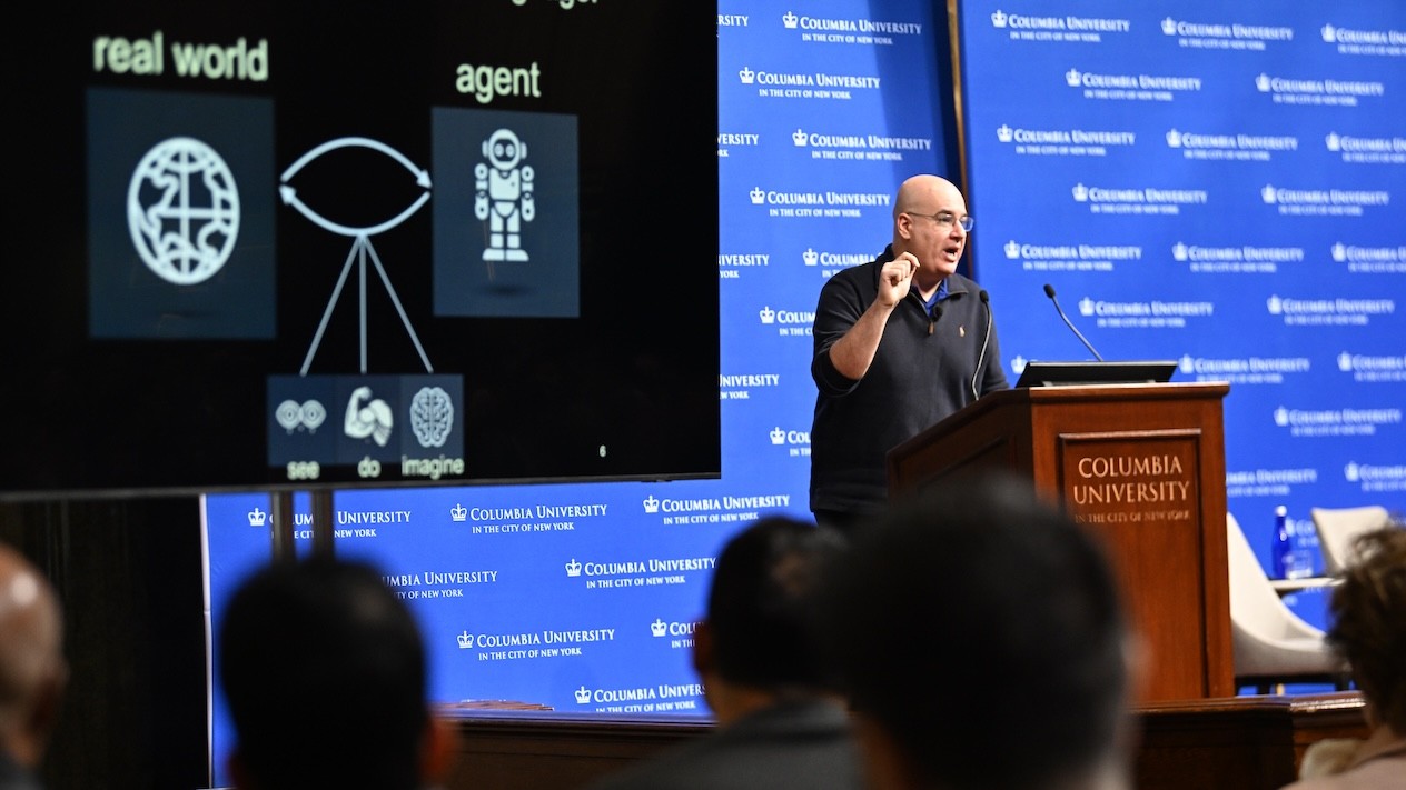 Elias Bareinboim, associate professor of computer science at Columbia Engineering, addressing an audience at the Columbia AI Summit