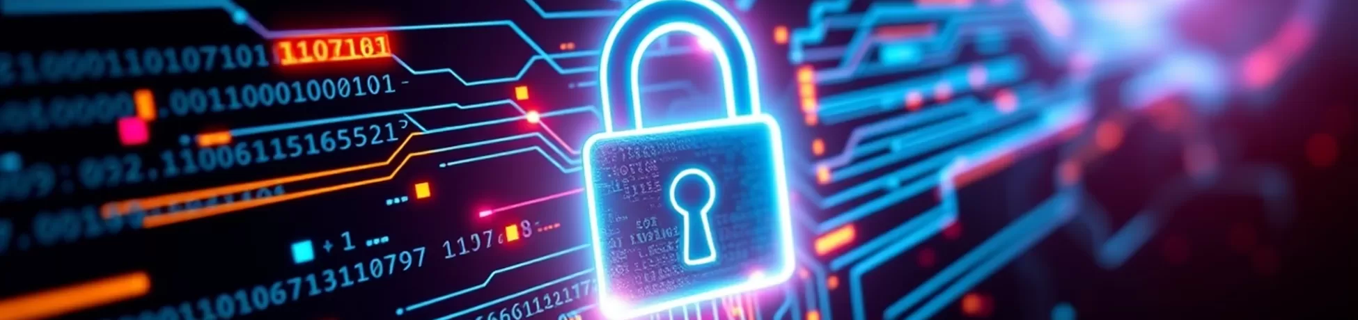 A glowing digital lock surrounded by streams of binary code and data points, symbolizing cybersecurity. 