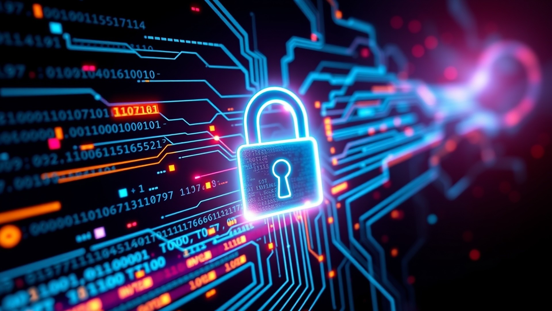 A glowing digital lock surrounded by streams of binary code and data points, symbolizing cybersecurity.