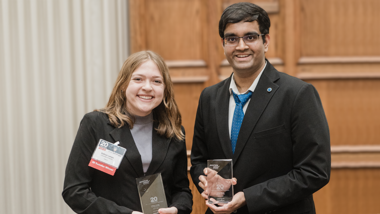 Kathryn Lampo (left) with Hari Balaji holding their Aviation Week’s Annual Laureate Awards