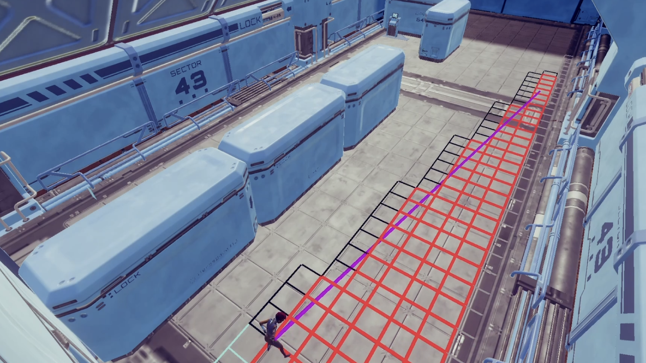 A screenshot of the Surveyor accessibility tool to assist blind and low visibility videogamers. They are currently looking in the direction of the purple line. The red grid cells represent the parts of the room they have "seen" so far. The black grid cells represent the "cusp of the unknown": the edge between what they have seen and have not yet seen.