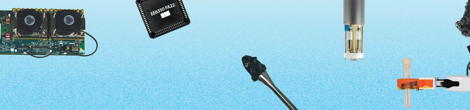 Different Columbia Engineering industry innovations, including polymers made from waste and a robotic arm with tactile sensors, overlaying a blue background