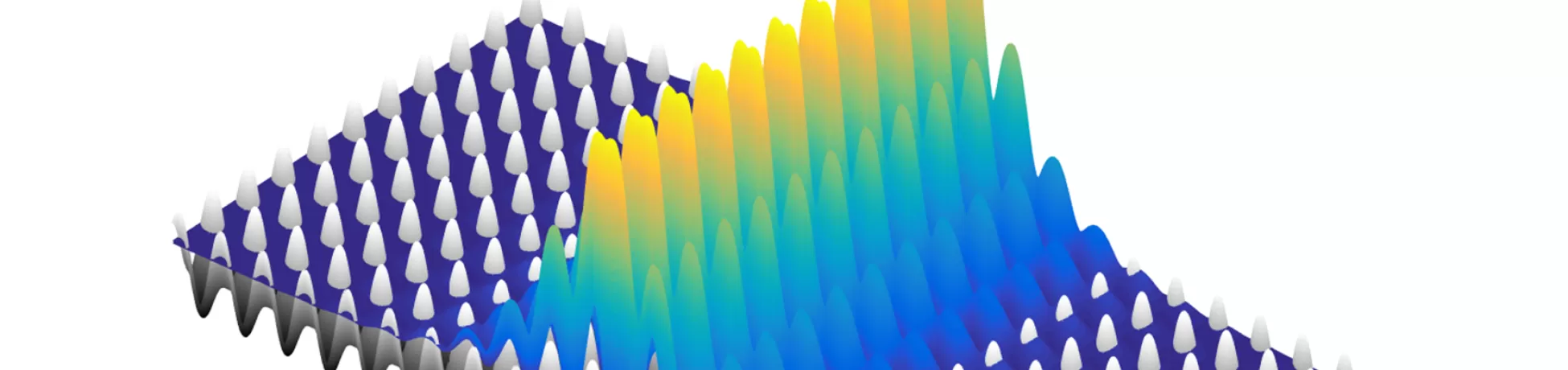 Three-dimensional scientific visualization showing a wave-like pattern rising over a grid of evenly spaced peaks, with colors transitioning from blue to yellow to indicate intensity.