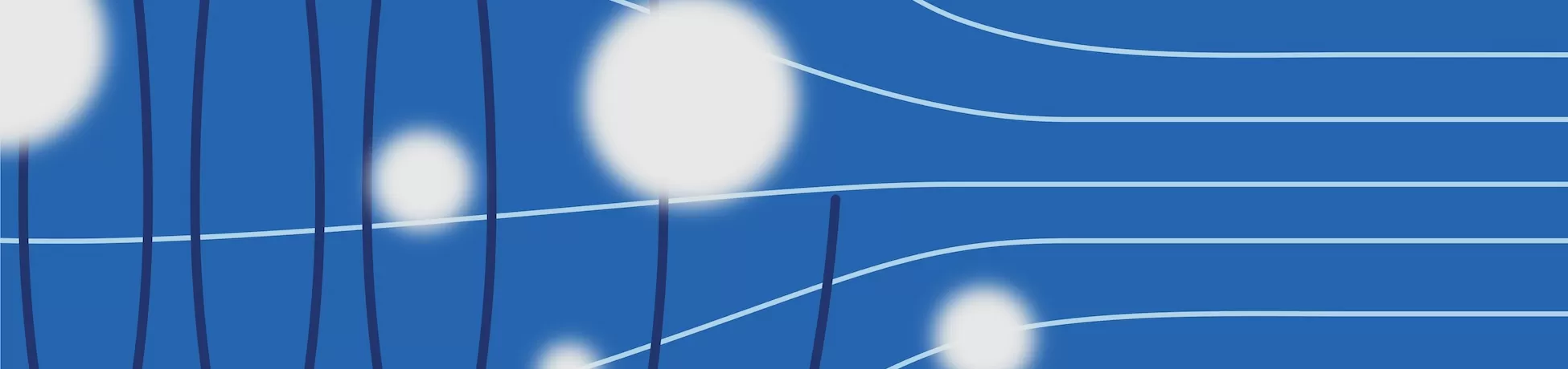 Deep blue background with flowing white contour lines, partial dark blue oval loops on the left, and soft glowing white dots.