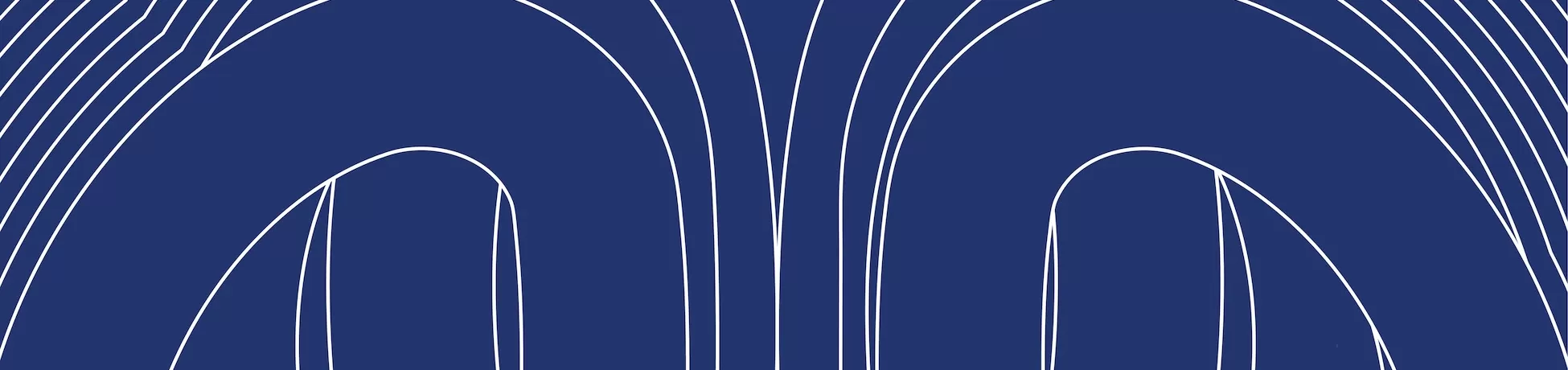Dark navy abstract design with symmetrical white contour lines forming mirrored arch shapes and nested curves.