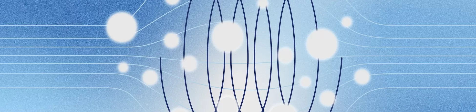 Light blue gradient with thin horizontal lines, a central dark blue coil shape, and multiple glowing white circles clustered around it.