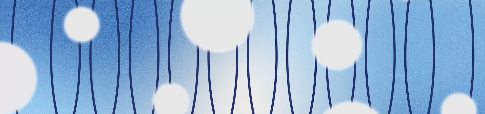  Blue abstract field with looping dark blue wave/coil lines and scattered glowing white circles.