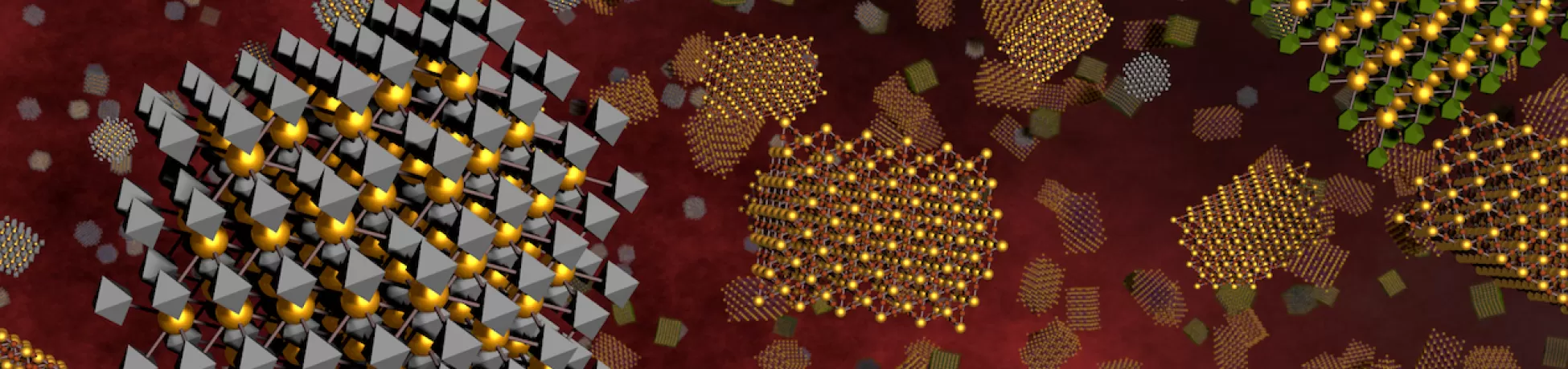 Scientific visualization of diverse heterogeneous nanoparticle lattice structures against a deep maroon background, featuring gold, silver, green, orange, and red spherical and geometric nanoparticles arranged in various crystalline and ordered patterns, demonstrating different types of atomic and nanoscale material assemblies.