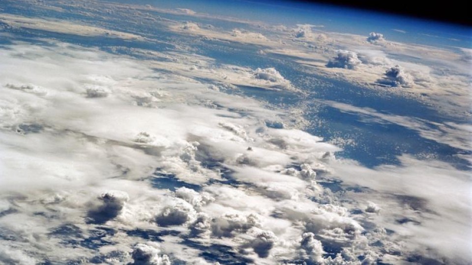 Clouds from deep convection over the tropical Pacific ocean, photographed by the space shuttle. Such convective activity drives the Hadley circulation of the atmosphere.
