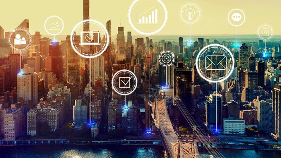 A high tech city scape with tech icons overlayed
