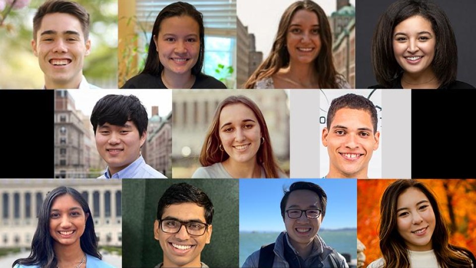 Top row (L-R): Cole James Allan ’21, Christine Ye Shu Blackshaw ’21, Sarah Hancock ’21, Ayah Hassan ’18. Middle row (L-R): Joseph T. Lee ’21, Isabella Leite ’22, Kaylo Littlejohn ’20. Bottom row (L-R): Anushka Murthy ’22, Amey Praveen Pasarkar ’22, Yongpeng Tang ’18, Miranda Wang ’22.