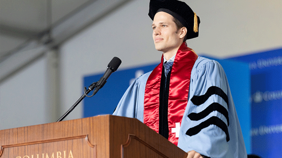 Mechanical engineering graduate student Philippe Martin Wyder speaking at graduation