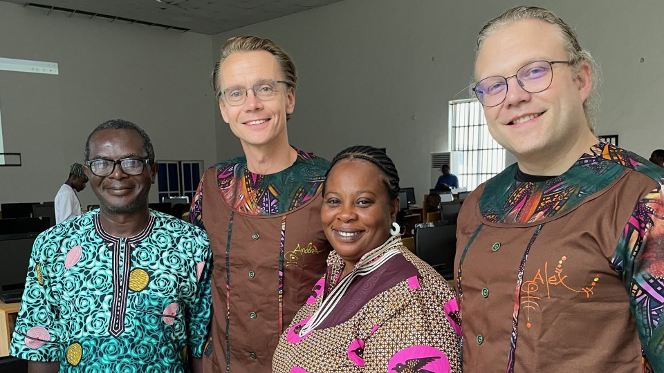 Alex Urban (far right), assistant professor of chemical engineering at Columbia Engineering, with his collaborators at University of Ibadan