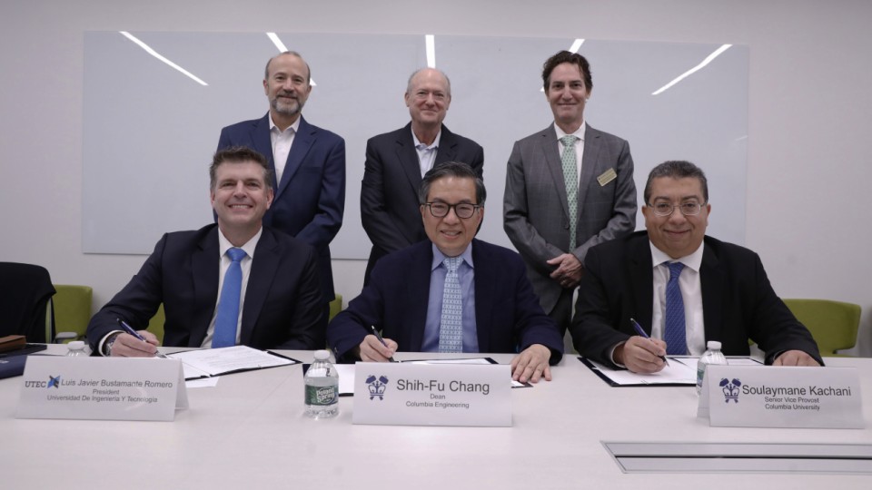 UTEC President Javier Bustamente, Dean Shih-Fu Chang, and Vice Provost Soulaymane Kachani; Back row, left to right: UTEC Advisory Board Member Guillermo Beeck, UTEC Founder and Board Chair Eduardo Hochschild, and Vice Dean of Academic Programs Barclay Morrison III smiling for a photo