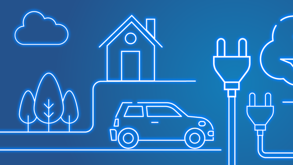An illustration of trees, a house, and a car next to giant power plugs