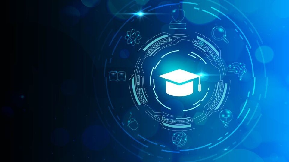 Graphic of a graduation cap surrounded by AI technology material. 
