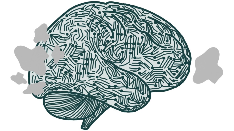 An illustration of the human brain with gray clouds
