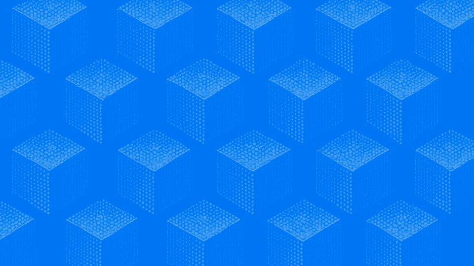 blue background with a repeating 3d halftone cube pattern