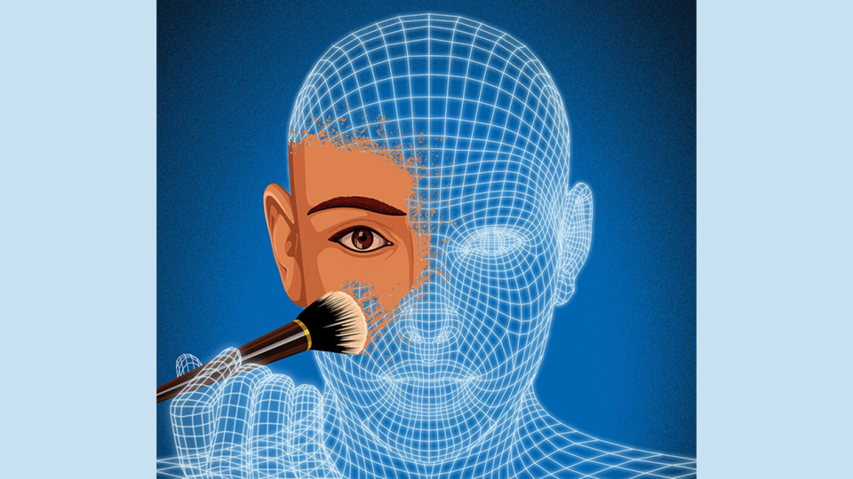 profile image of virtual avatar painting on a human face with a makeup brush, representing AI deepfakes