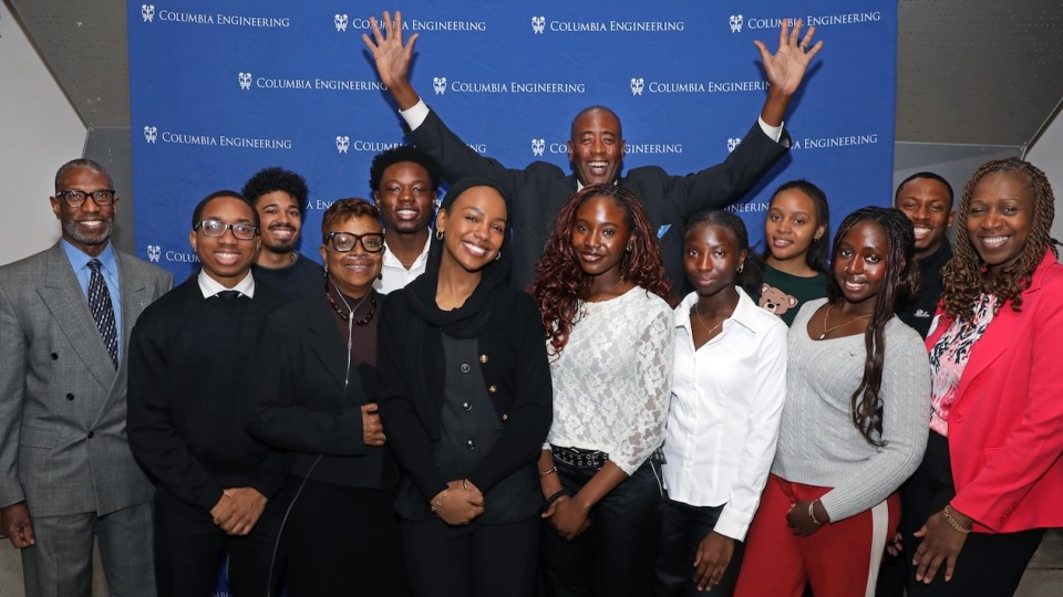 Some of the current and founding members of Columbia’s NSBE chapter pose for a lighthearted photo.