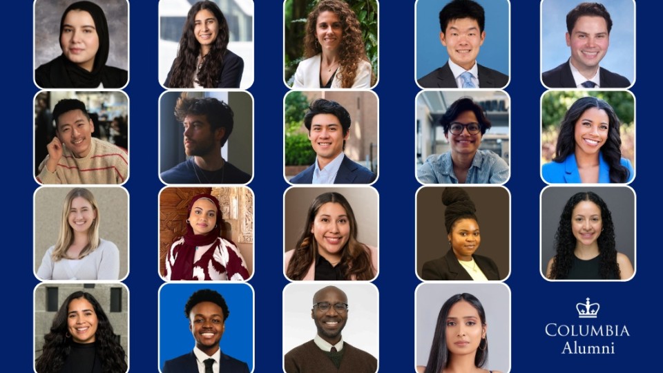A collage of headshots on a blue background. A Columbia University logo reading "Columbia Alumni" is in the bottom right hand corner.