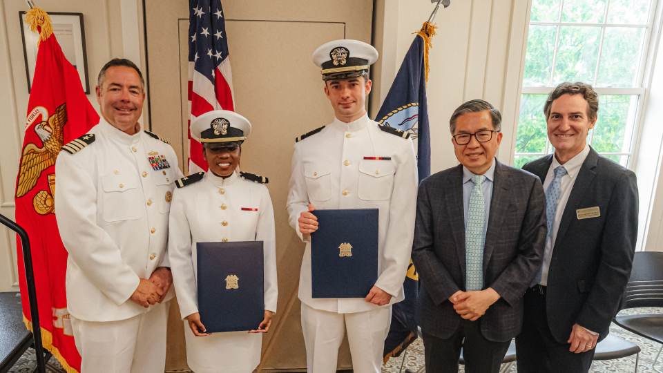 From left to right: Captain Dennis L. Farrell, New York City Naval Reserve Officers Training Corps; Dana Clarke; Paul Randall; Columbia Engineering Dean Shih-Fu Chang; and Columbia Engineering Vice Dean Barclay Morrison