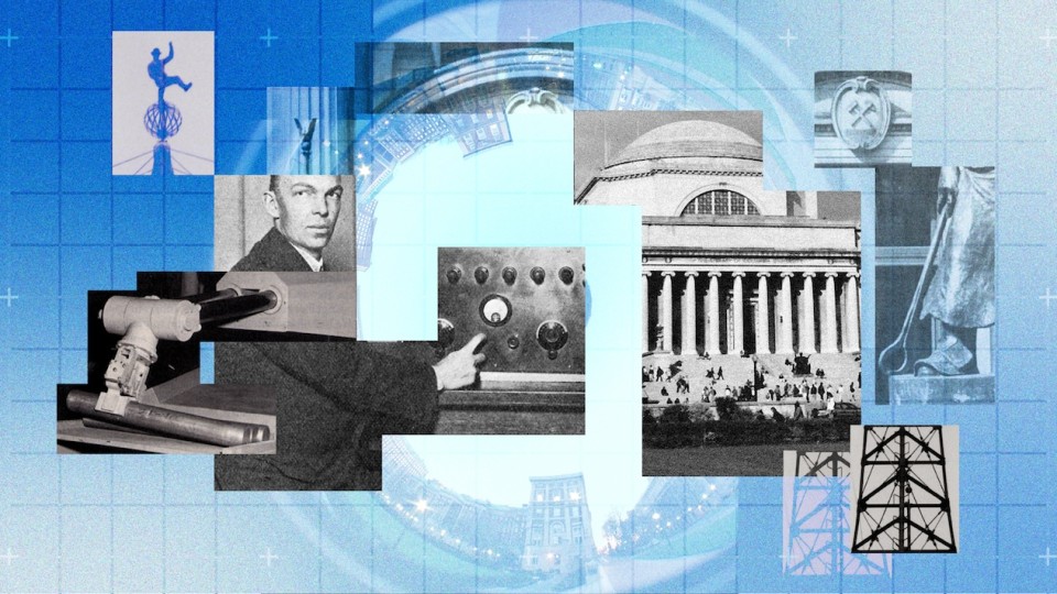 Blue grid background with a bright circular glow in the center, overlaid with a collage of black-and-white vintage images: a robotic arm, a suited man’s portrait, a hand pressing a button on a control panel, a domed building with columns and crowds outside, a small figure balancing on a globe, an emblem, a close-up of a foot on a platform, and a transmission tower.
