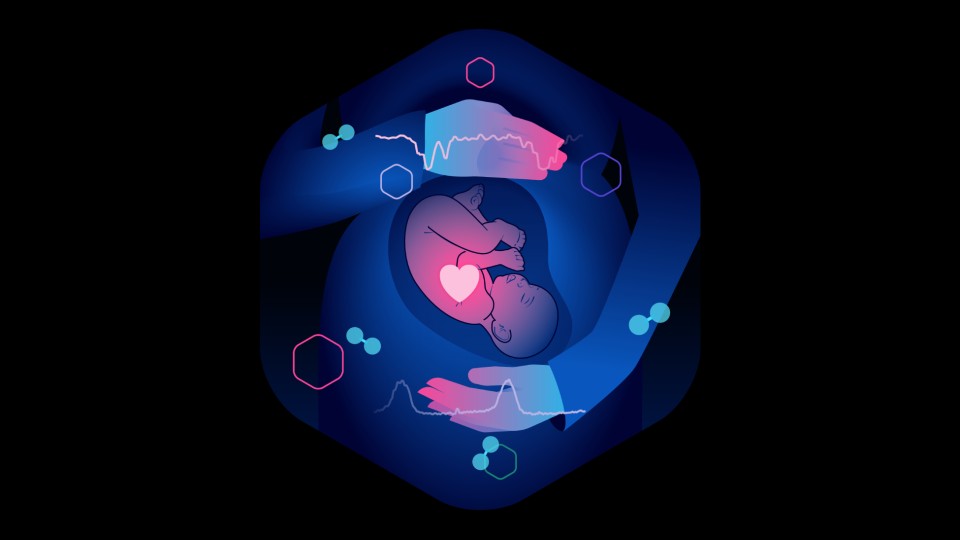 Illustration of a pregnant person’s abdomen with a fetus inside the uterus, overlaid with heart and waveform-style monitoring graphics and geometric sensor icons, representing AI-powered maternal–fetal monitoring during labor.