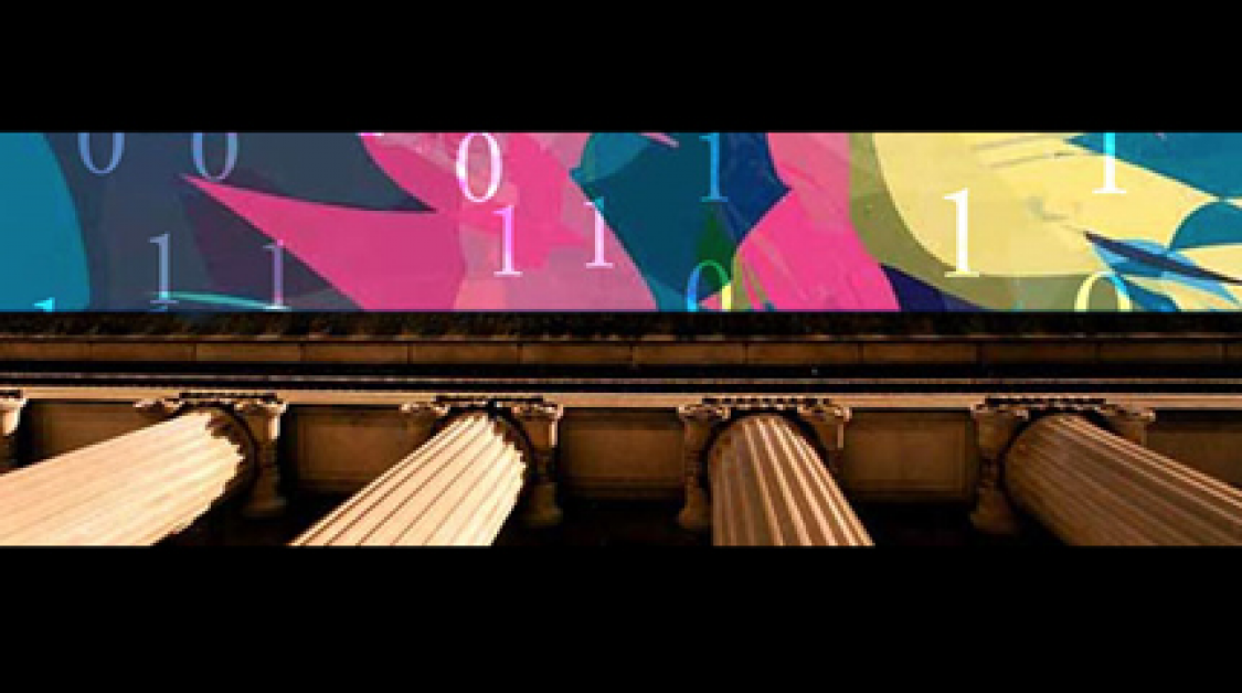 The coljmns of a building paired with abstract colors