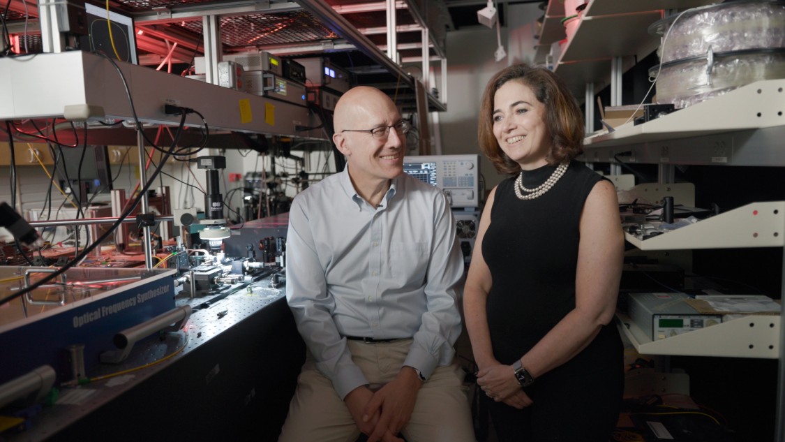The paper’s co-authors, Alexander Gaeta (left) and Michal Lipson, pictured in the Gaeta lab at Columbia University. Gaeta is David M. Rickey Professor of Applied Physics and Materials Science and professor of electrical engineering and Lipson is Eugene Higgins Professor of Electrical Engineering and professor of applied physics.