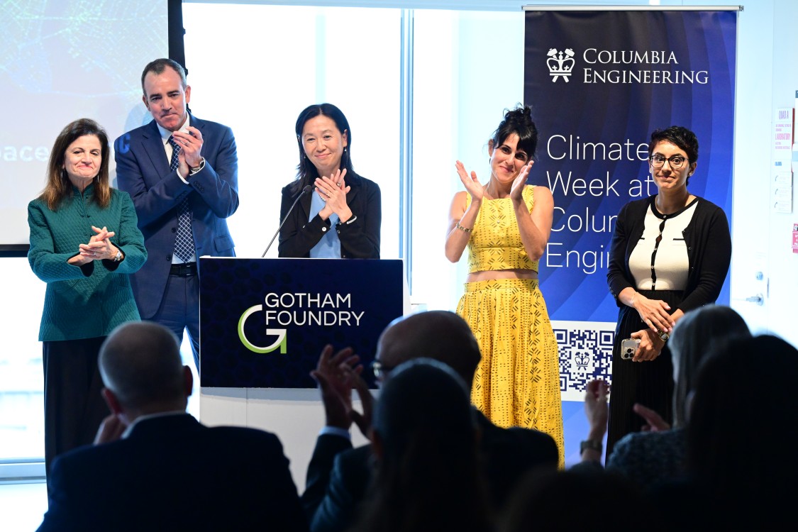 L TO R: Kate Ascher, co-director of Gotham Foundry (GF) and professor of practice of urban development at Columbia; Rein Ulijn, co-director of GF and director of the CUNY ASRC Nanoscience Initiative; Helen Lu, director of GF and Percy K. and Vida L.W. Hudson Professor of Biomedical Engineering; Theanne Schiros, co-director of GF and professor of materials science at FIT; and Neena Chakrabarti, board member at Genspace.