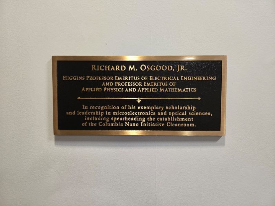 Black and gold plaque honoring Richard M. Osgood Jr. for his exemplary scholarship and leadership in microelectronics and optical sciences.