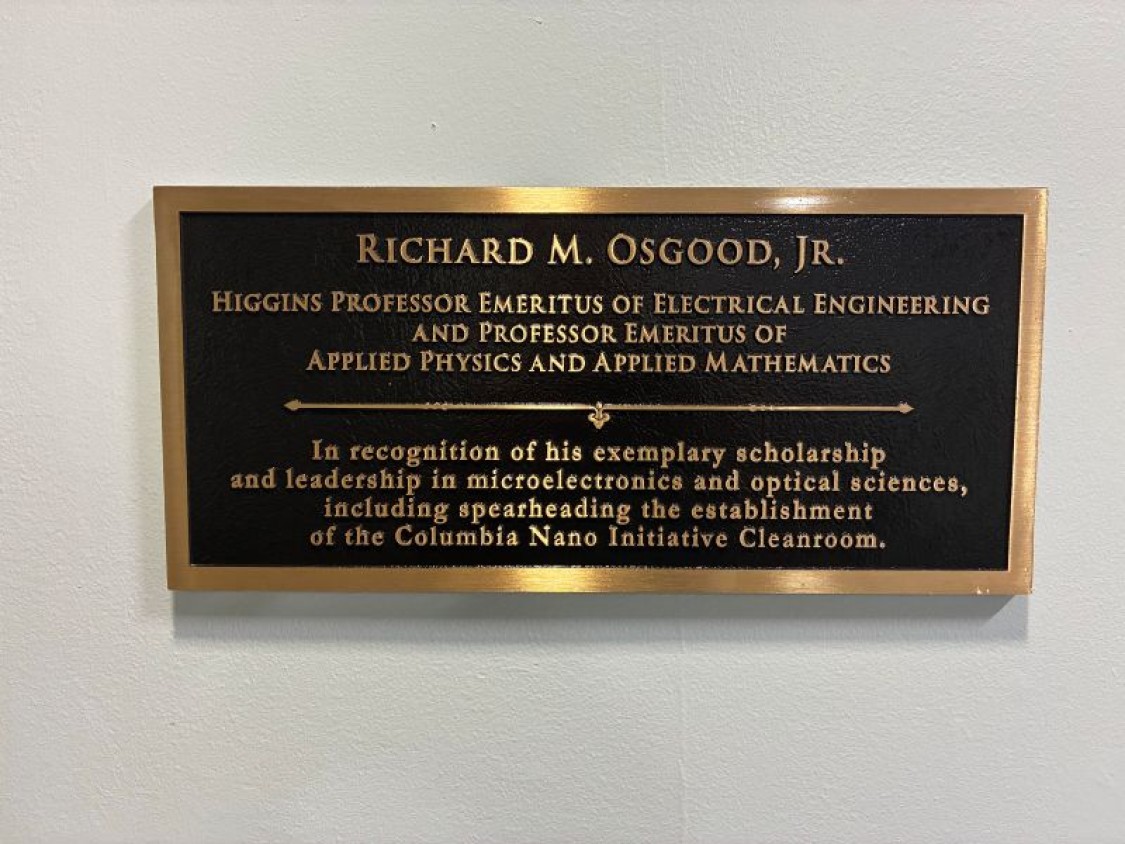 Black and gold plaque honoring Richard M. Osgood Jr. for his exemplary scholarship and leadership in microelectronics and optical sciences.