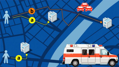 Illustration of an ambulance with roads and buildings