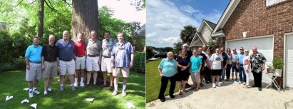 LEFT PICTURE CAPTION 2004 From left: Perry Green E’77, Bob Furlong E’76, Dave Peugh E’76, Robbie Kong, E’76, Mark Magnusson, CC’76, Tom Quaranta E’76, Glenn Campbell E’77 RIGHT PICTURE CAPTION 2024 From left: Carol Berlin, Julie Marion, Matt Marion CC’77, Kim Campbell, Glenn Campbell E’77, Al Pacheco E’74 and ’75, Liz Pacheco N’78, Perry Green E’77, Tom Quaranta E’76, Maria Furlong, Bob Furlong E’76, Robbie Kong, E’76, Lisa Kong, Howard Berlin E’77; Missing - Mike Aroney E’77, Cathy Aroney