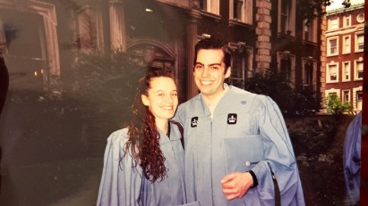 Sharon Collins at graduation with husband David; the two met at Columbia.